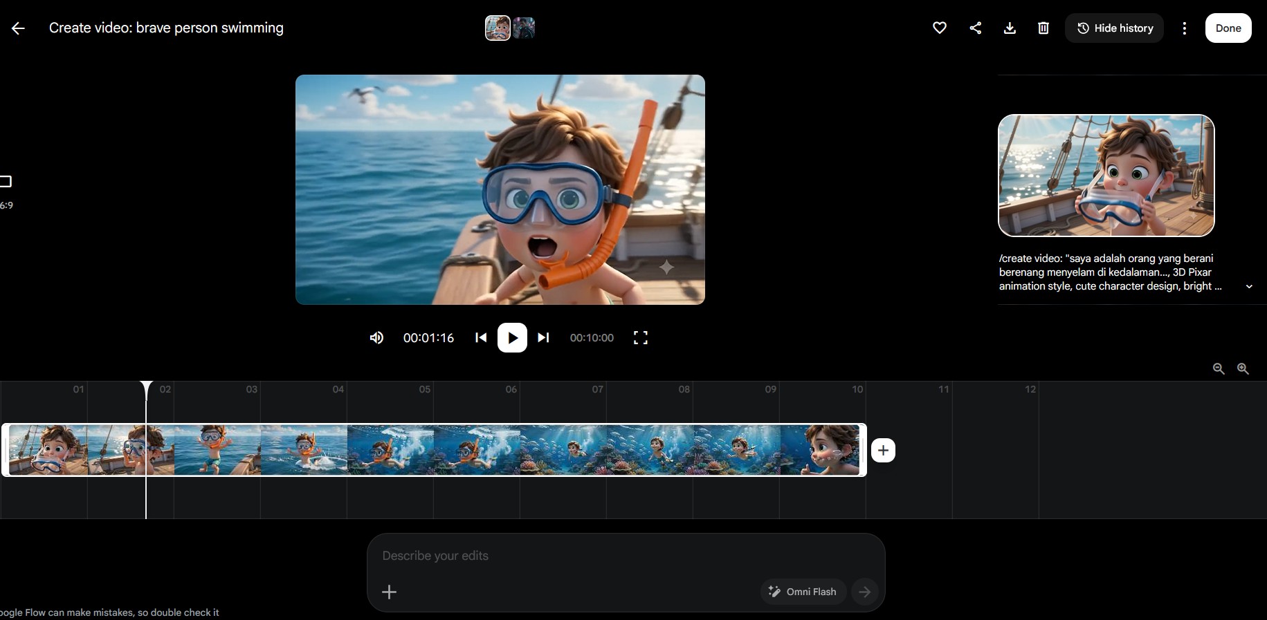 Video final di timeline editor Google Flow